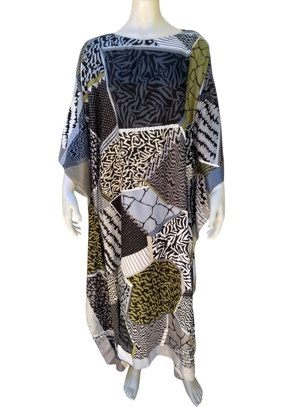California Caftans Maxi Long Dress Geometric Pattern Silk Caftan One Size